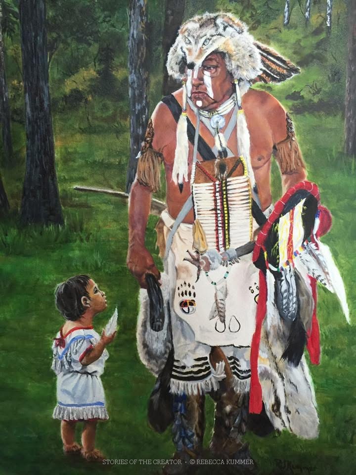 Oil painting of an Indigenous elder and a small child meeting in a green woodland