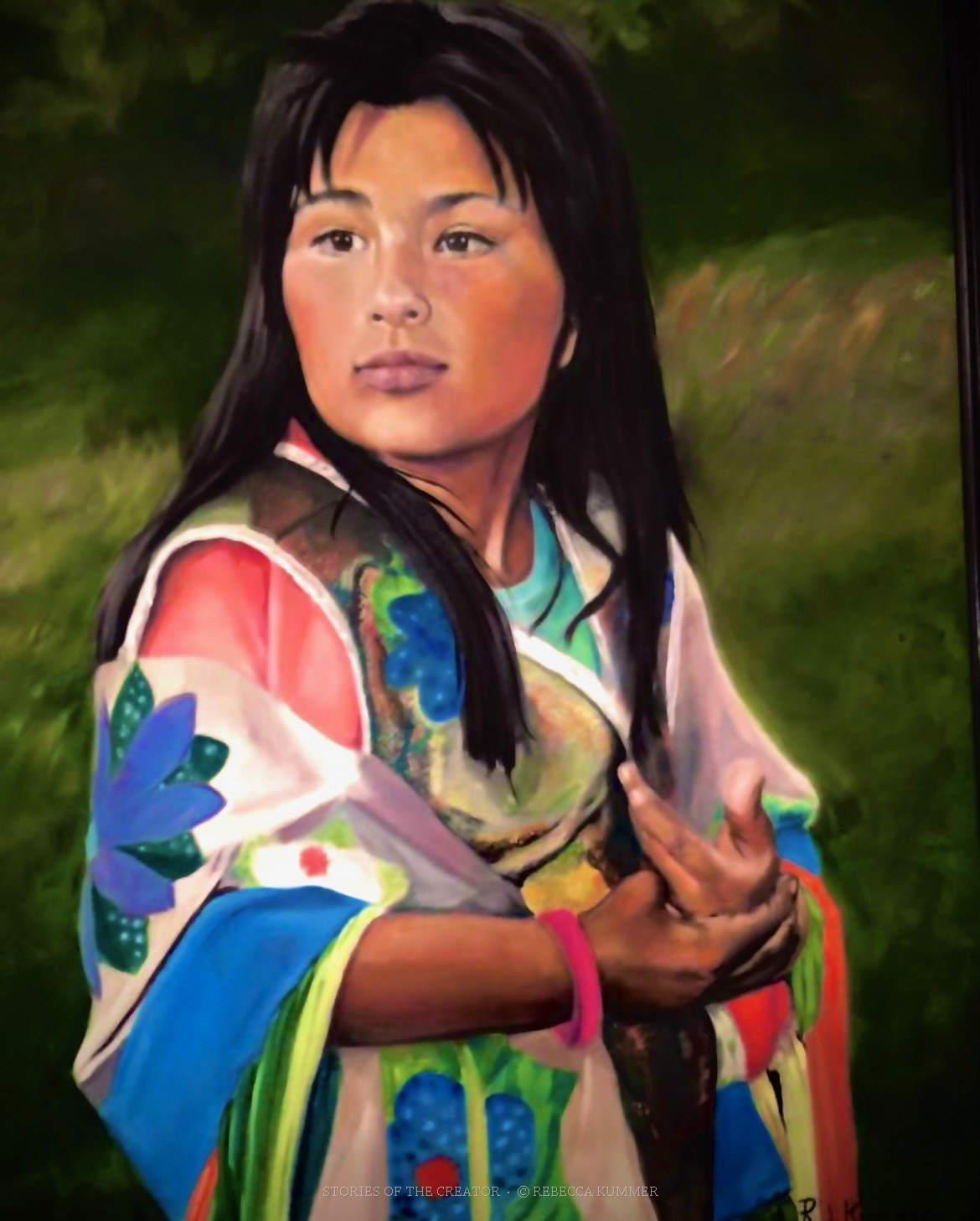 Oil portrait of a young Indigenous woman in colorful clothing